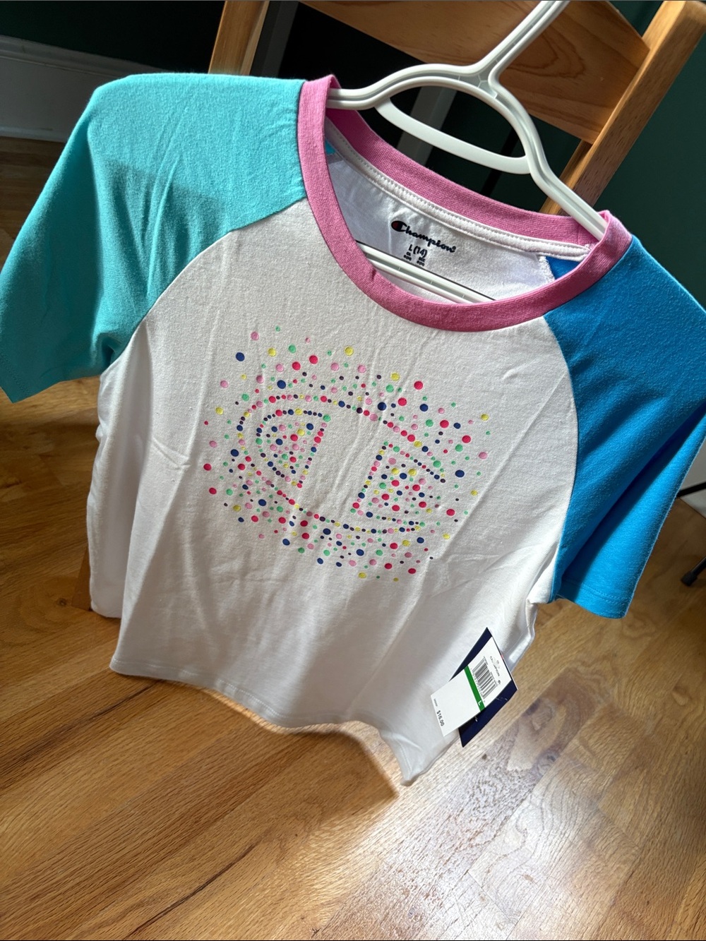 Champion Girls' White Tee with Pink Neckline and Teal/Blue Raglan Sleeves